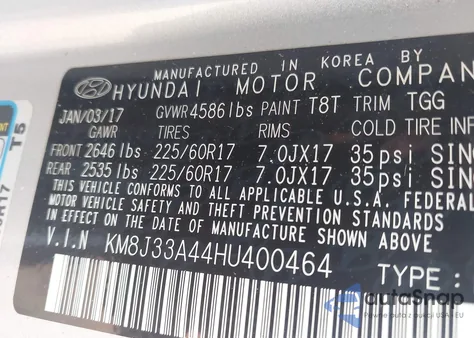 2017 Hyundai Tucson Se from USA, damaged, VIN KM8J33A44HU400464